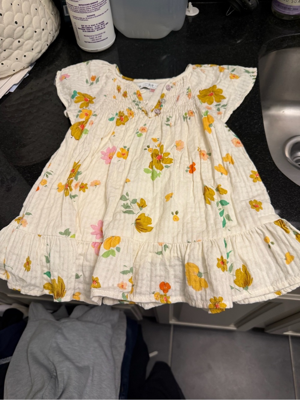 Zara Cream Floral Flutter Sleeve Dress with Yellow & Pink Accents